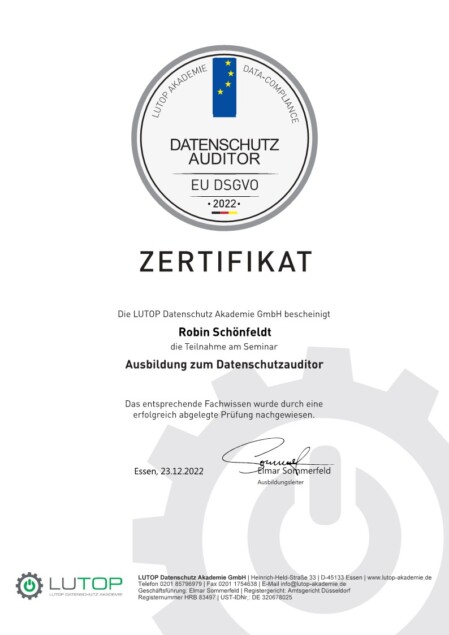 Zertifikat Datenschutzauditor Robin Schönfeldt